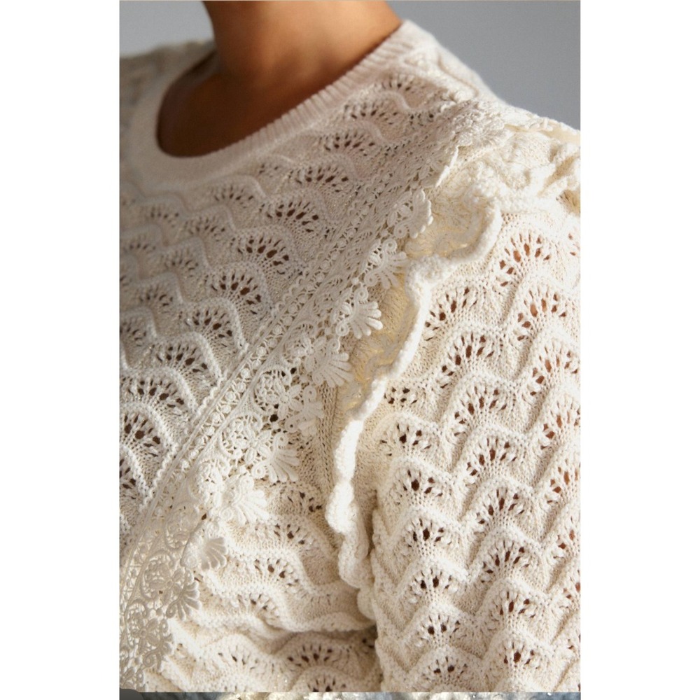 Anthropologie Kachel Shimmer Crochet Short Sleeve Sweater Size Small Offwhite - Picture 4 of 11